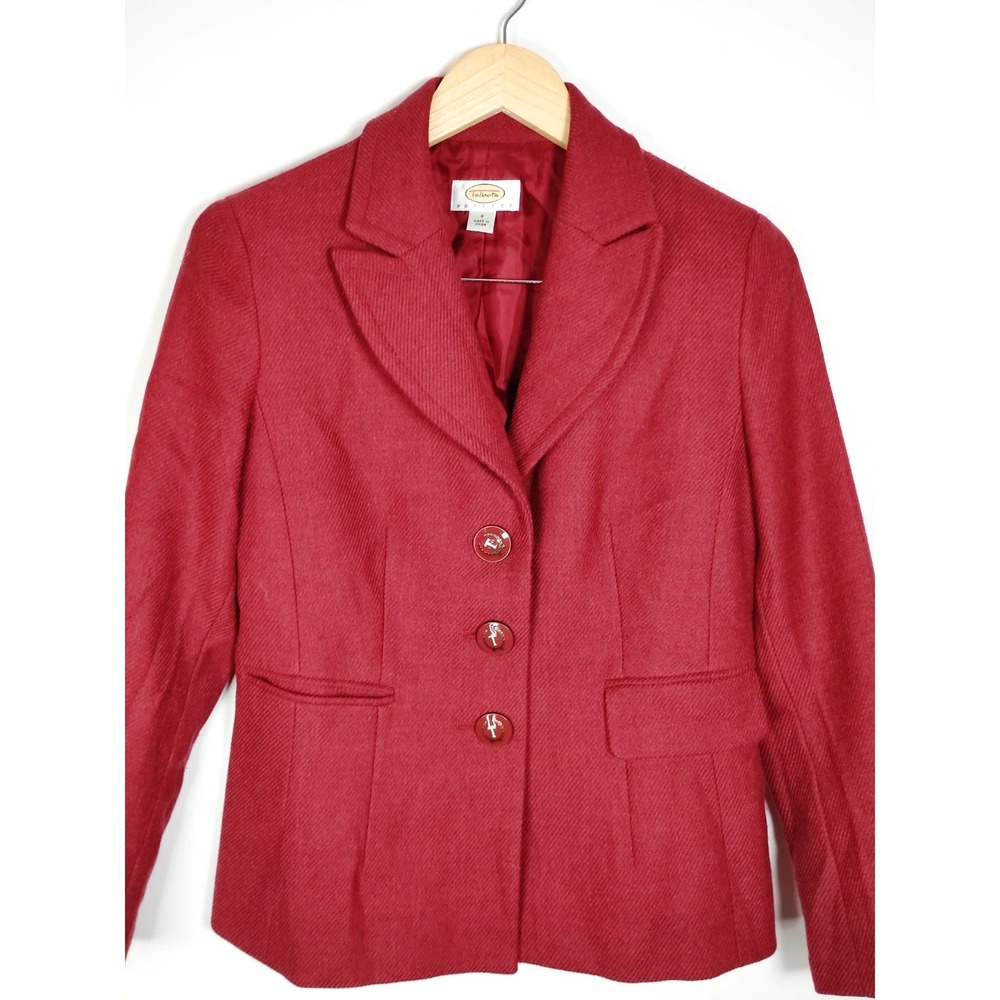 Talbots‎ 100% Wool Red Embossed "T" Buttons Herringbone Blazer Academia Petite 6 - Picture 3 of 9